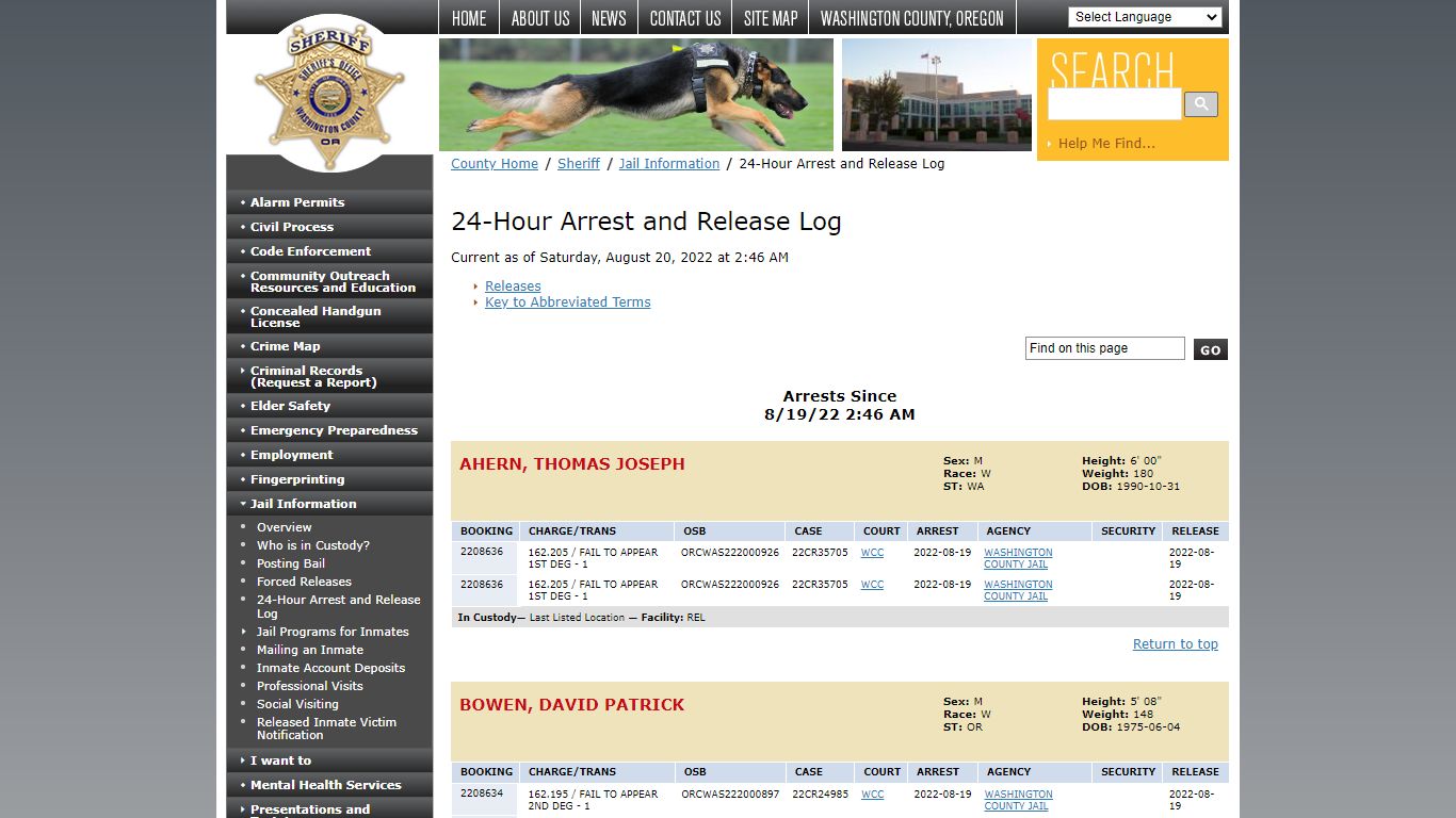 24-Hour Arrest and Release Log - Washington County, Oregon